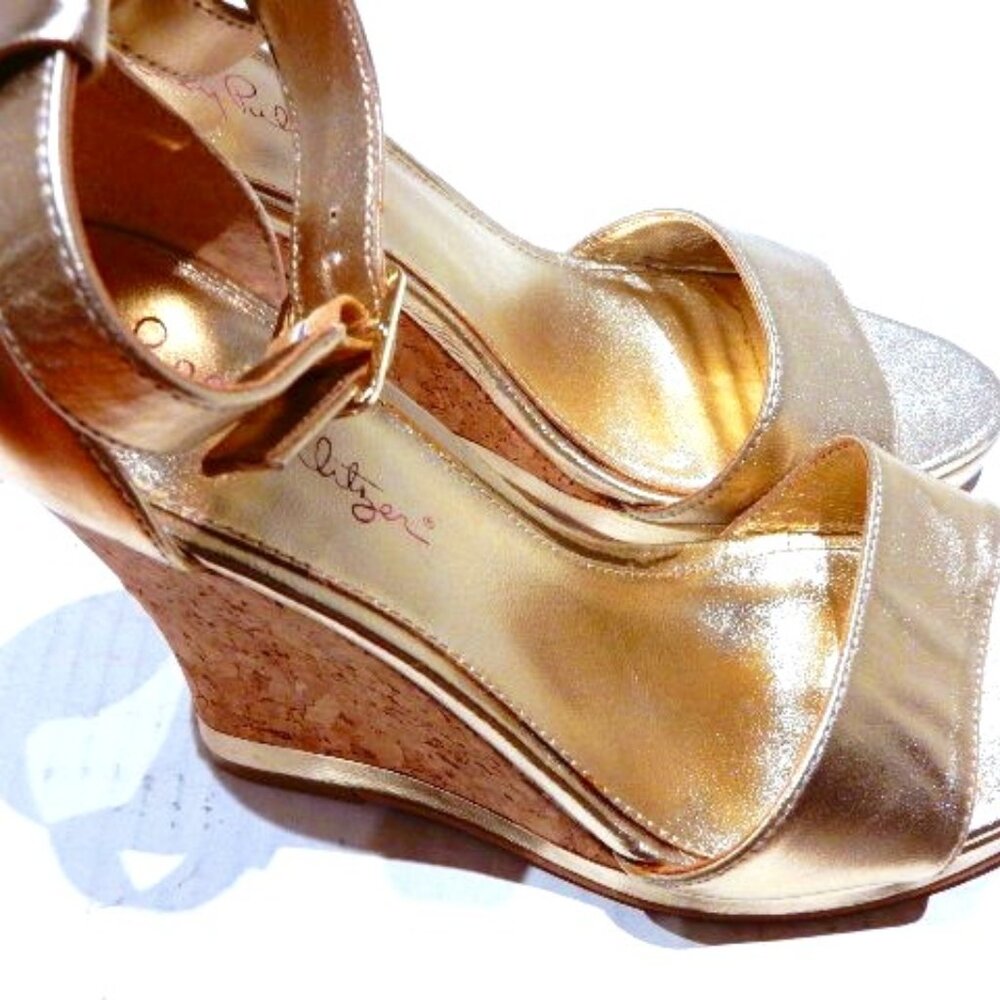 Lilly Pulitzer "Bridgette" Metallic Gold / Cork Wedge Sandals in Size 7.5M